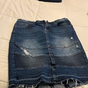 Distressed Dark Blue Denim Mini Skirt